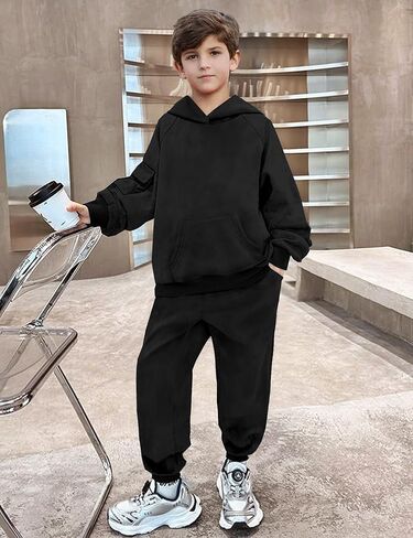 ملابس الأولاد الأكمام الطويلة صلبة الكنغر جيب هوديي والسراويل الخريف خريف الشتاء 2 قطعة من التعرق مجموعة 6-12T in Kuwait