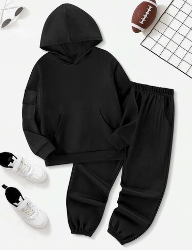 ملابس الأولاد الأكمام الطويلة صلبة الكنغر جيب هوديي والسراويل الخريف خريف الشتاء 2 قطعة من التعرق مجموعة 6-12T in Kuwait