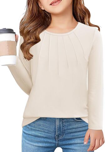 Arshiner Girls Pleated Long Sleeve Shirts Crewneck Casual Fashion Tops Blouse Tee in Saudi Arabia