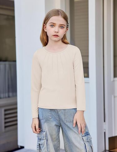 Arshiner Girls Pleated Long Sleeve Shirts Crewneck Casual Fashion Tops Blouse Tee in Saudi Arabia