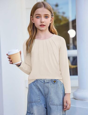 Arshiner Girls Pleated Long Sleeve Shirts Crewneck Casual Fashion Tops Blouse Tee in Saudi Arabia