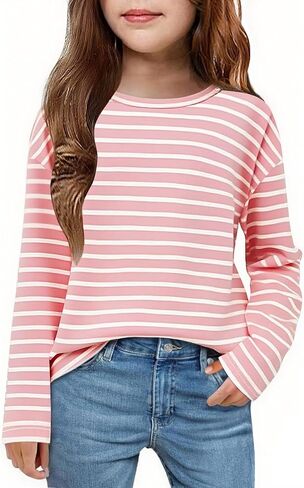 Arshiner Girls Striped Long Sleeve Shirts Drop Shoulder Casual Fashionable Crewneck Blouse Tee Tops in Saudi Arabia