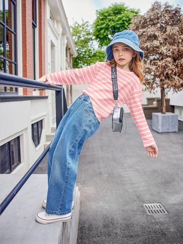Arshiner Girls Striped Long Sleeve Shirts Drop Shoulder Casual Fashionable Crewneck Blouse Tee Tops in Saudi Arabia