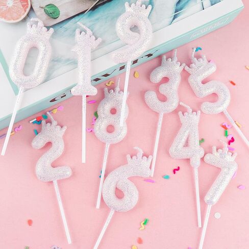 2nd Glitter White Crown Birthday Candles, Classic White Birthday Number Candle for Cake Topper Decorations Girls Wedding Anniversary Celebration Happy Party Supplies in Kuwait