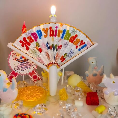 Creative Birthday Cake Candles with Fan-Shaped Banner - Unique Chinese 'Happy Birthday' Design for Candles, Gift for Celebrations (English Text) in Kuwait