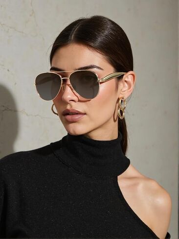 Oversized Aviator Sunglasses For Women 70s Retro 2025 Metal Shades with Gold Streamline Arms in Saudi Arabia