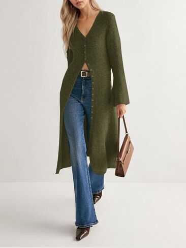 Saodimallsu Womens Long Cardigan Subsigan Subsigan Eversize Bell Sleeve Open Front Button أسفل فستان متماسكة السقوط غير الرسمي in Saudi Arabia