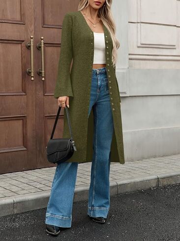 Saodimallsu Womens Long Cardigan Subsigan Subsigan Eversize Bell Sleeve Open Front Button أسفل فستان متماسكة السقوط غير الرسمي in Saudi Arabia