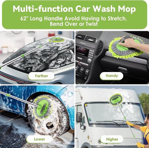 2 Pack Car Wash Brush with Long Handle, 62" Microfiber Car Wash Mop and Car Washing Brush Combo Set, Scratch-Free Soft Bristle Car Wash Mop Brushes Cleaning Kit for Exterior Car, Truck, RV, Boat in Saudi Arabia