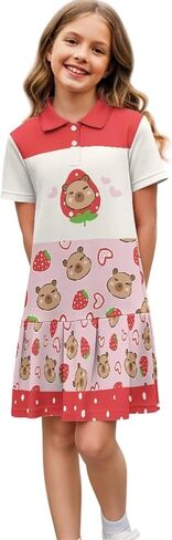 Girls Golf Dresses Short Sleeve Tennis Dress with Pleated Skirt Knee Length Athletic Dress Tennis Outfits in Saudi Arabia