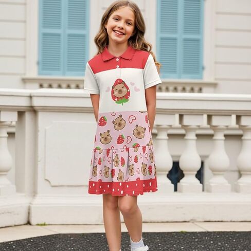 Girls Golf Dresses Short Sleeve Tennis Dress with Pleated Skirt Knee Length Athletic Dress Tennis Outfits in Saudi Arabia