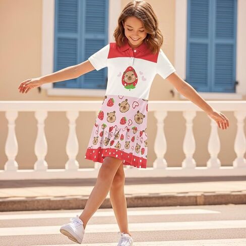 Girls Golf Dresses Short Sleeve Tennis Dress with Pleated Skirt Knee Length Athletic Dress Tennis Outfits in Saudi Arabia