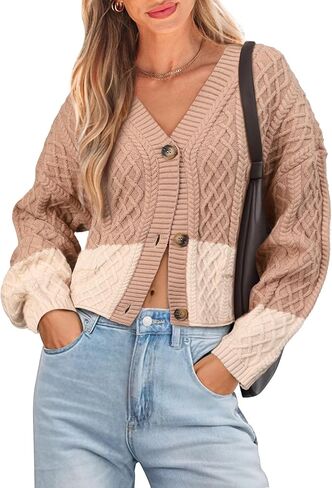 BB&KK Cardigan Sweaters for Women Color Block Button Up 2025 Fall Long Sleeve Chunky Knit Open Front Cropped Sweater Outfits in Saudi Arabia