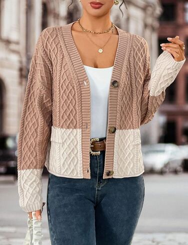 BB&KK Cardigan Sweaters for Women Color Block Button Up 2025 Fall Long Sleeve Chunky Knit Open Front Cropped Sweater Outfits in Saudi Arabia