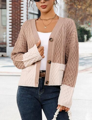 BB&KK Cardigan Sweaters for Women Color Block Button Up 2025 Fall Long Sleeve Chunky Knit Open Front Cropped Sweater Outfits in Saudi Arabia