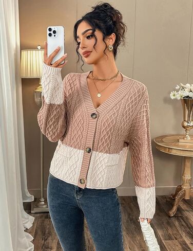 BB&KK Cardigan Sweaters for Women Color Block Button Up 2025 Fall Long Sleeve Chunky Knit Open Front Cropped Sweater Outfits in Saudi Arabia