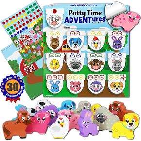 Potty Time Adventures - Farm Animals with 14 Wooden Block Toy Prizes | Potty Training Advent Game | As Seen on Shark Tank | Wood Block Toys, Reward Chart, Activity Board and Stickers