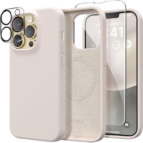 GONEZ Magnetic for iPhone 13 Pro Case, Compatible with MagSafe, [Screen Protector + Camera Protection], Shockproof Silicone Slim Phone Case 6.1″, Soft Anti-Scratch Microfiber Lining,Stone