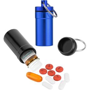 Nitroglycerin Keychain Pill Holder Mini, 2 Pack Waterproof Portable Travel Purse Pocket Pill Case, Keychain Pill Fob Container for 25ct Nitro/Nitroglycerin Bottle (Black + Blue)