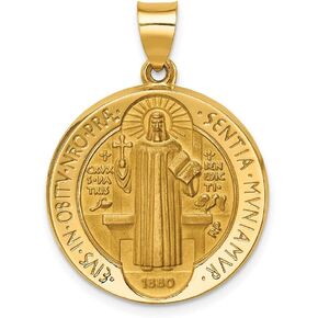 Charm Pendant 14K Yellow Gold Themed 22 mm Polished & Satin St. Benedict Reversible Hollow Medal