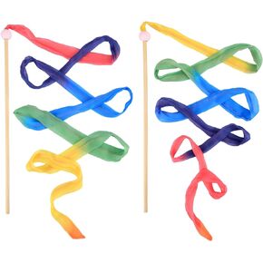 2pcs Rainbow Dance Ribbons, 40CM Stick and 2M Long Ribbon for Kids, Colorful Dancing Ribbon Wand Streamers for Dancer Artistic Dancing Gymnastics Pretend Games Party Favors Toys