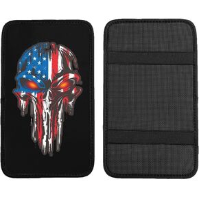 American Flag Skull Patriotic Car Center Console Pad, Universal Waterproof Car Armrest Seat Box Cover, Car Interior Accessories, Auto Armrest Cover Protector for Most Vehicle, SUV, Truck, Car