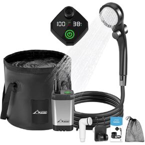 WADEO Portable Shower for Camping, Outdoor Electric Shower Rechargeable Pump with Intelligent Digital Display, 20L Collapsible Bucket, Two Shower Heads for Camping, Hiking, Traveling, Washing