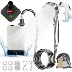 Portable Shower for Camping, Rechargeable Electric Camping Shower Pump with Battery Level Display, Multiple Spray Head with 3-Speed Mode & Pause Button for Outdoor Travel,Hiking, Easy to Store