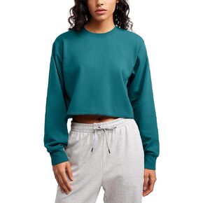 CRZ YOGA Womens Fleece Cropped Sweatshirts Crewneck Long Sleeve Sweat Shirts Double Raw Hem Workout Casual Pullover Tops