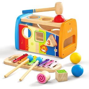 Boby 4-in-1 Hammering Pounding Toys, Montessori Sensory Toys for Toddlers 1 2 3 Year Old Girl Boy Gifts, Baby Learning & Education Toys 12-18-24months, Musical Pound & Tap Bench Sorter Xylophone