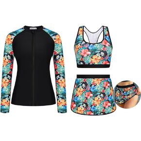 JASAMBAC Women's 3 Piece Rash Guard Zip Up UPF 50+ Swim Shirt Built in Bra Long Sleeve Swimsuits Swim Skirt with Bikini Brief