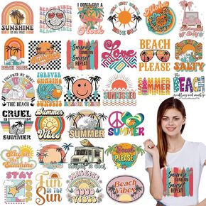 Panelee Retro Beach Iron on Transfers Summer Vacation Heat Transfers Palm Tree Iron on Decals Patches Appliques Heat Transfers Cute Vinyl Decals for Clothes Bag Pillow Covers DIY Decoration