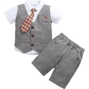 Baby Toddler Boys Vest Suits Set Short Shirts with Bowtie and Pants Dressy Outfits