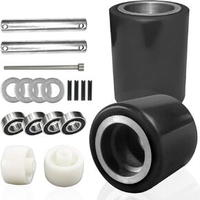 2pcs Pallet Jack/Truck Load Wheels Set with Axles and Entry Exit Roller，3" x 3.75" with Bearings ID 20mm Black Pallet Jack/Truck Polyurethane Load Wheels Kit