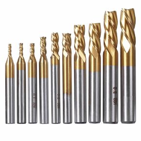Pack of 10 4-Flute Titanium Coat End Mill Bits, 5/64" - 3/8" HSS CNC Straight Shank Drill Bits Cutter Tool Set for Wood Aluminum Steel Titanium