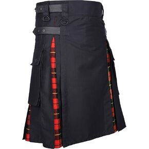 DSS KILTS- Men's Hybrid Black Cotton & Tartan Utility Kilts with Leather Straps-Plus Size Kilts for Men