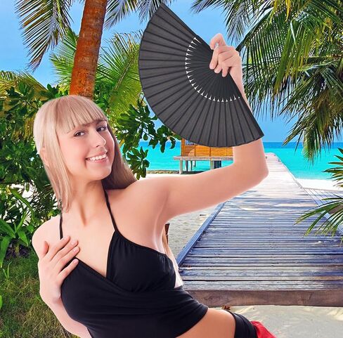 Amajiji Folding Hand Fans, Black Bamboo Silk HandHeld Folding Fans for Women in Kuwait