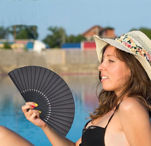Amajiji Folding Hand Fans, Black Bamboo Silk HandHeld Folding Fans for Women in Kuwait