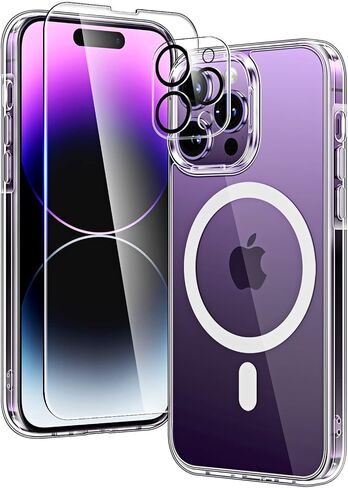 TAURI [جراب مغناطيسي 5 في 1 لهاتف iPhone 14 Pro [حماية من السقوط من الدرجة العسكرية] مع واقي شاشة 2X + واقي عدسة الكاميرا 2X، مقاس نحيف شفاف مصمم لجراب Magsafe - شفاف in Saudi Arabia