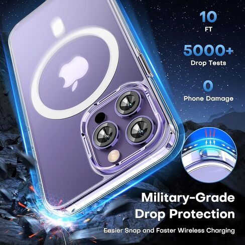 TAURI [جراب مغناطيسي 5 في 1 لهاتف iPhone 14 Pro [حماية من السقوط من الدرجة العسكرية] مع واقي شاشة 2X + واقي عدسة الكاميرا 2X، مقاس نحيف شفاف مصمم لجراب Magsafe - شفاف in Saudi Arabia