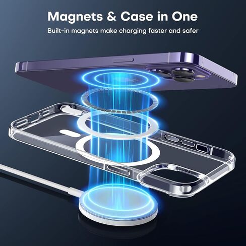 TAURI [جراب مغناطيسي 5 في 1 لهاتف iPhone 14 Pro [حماية من السقوط من الدرجة العسكرية] مع واقي شاشة 2X + واقي عدسة الكاميرا 2X، مقاس نحيف شفاف مصمم لجراب Magsafe - شفاف in Saudi Arabia