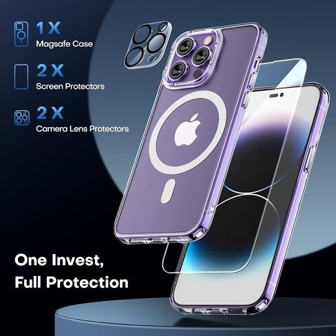 TAURI [جراب مغناطيسي 5 في 1 لهاتف iPhone 14 Pro [حماية من السقوط من الدرجة العسكرية] مع واقي شاشة 2X + واقي عدسة الكاميرا 2X، مقاس نحيف شفاف مصمم لجراب Magsafe - شفاف in Saudi Arabia