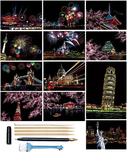 مجموعات طلاء الخدش للبالغين والأطفال، 12 ورقة رسم رسم قوس قزح للرسم الليلي (A4)، مجموعة فنية حرفية مع 7 أدوات مجموعة بطاقات بريدية صغيرة يمكنك صنعها بنفسك بطاقات بريدية فنية in Kuwait