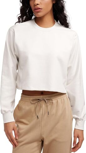 CRZ YOGA Womens Fleece Cropped Sweatshirts Crewneck Long Sleeve Sweat Shirts Double Raw Hem Workout Casual Pullover Tops in Saudi Arabia