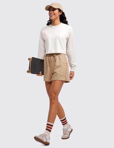 CRZ YOGA Womens Fleece Cropped Sweatshirts Crewneck Long Sleeve Sweat Shirts Double Raw Hem Workout Casual Pullover Tops in Saudi Arabia
