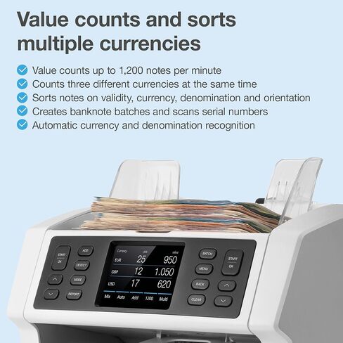 Safescan 2885-S Money Counter Machine with Counterfeit Detection, Multi-Currency, Mixed Denomination, Bank Quality, High-Speed Counts and Sorts 1,200 Bills per Minute, 7 Point Counterfeit Check in Saudi Arabia