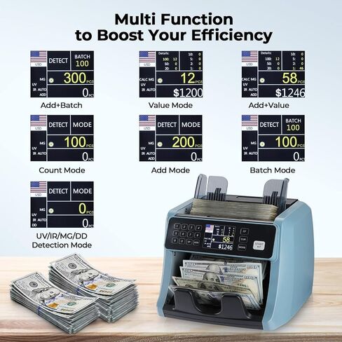 MUNBYN IMC05 Money Counter Machine, Count Value of Bills, UV/IR/MG/DD Detection, Add with Batch Mode Cash Counting Machine, Vertical Design, LCD Display, 1200 Bills/Min Speed, 2 Years Warranty in Saudi Arabia