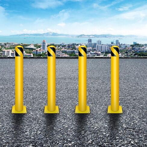 Safety Bollard Post 34 Inch Yellow Steel Parking Barrier Metal Traffic Sign Posts Yellow Coat Safety Parking Pipe Pole for Garage and Parking Lot Driveway Barrier (1 Set) in Saudi Arabia