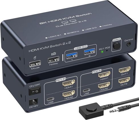 KVM Switch 2 شاشات 2 أجهزة كمبيوتر 8K60 هرتز 4K120 هرتز KVM Switches HDMI KVM Switch شاشة مزدوجة تسمح لجهازي كمبيوتر بمشاركة شاشتين و4 أجهزة USB مع دعم تبديل مفتاح التشغيل السريع in Kuwait