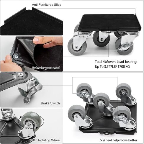 5 Wheel Heavy Furniture Movers 360°Rotation Wheels 2 Brakes, 5.4x5.4 Inch Carbon Steel Mix Up to 1320LB/600KG Sofas Refrigerators Beds in Saudi Arabia